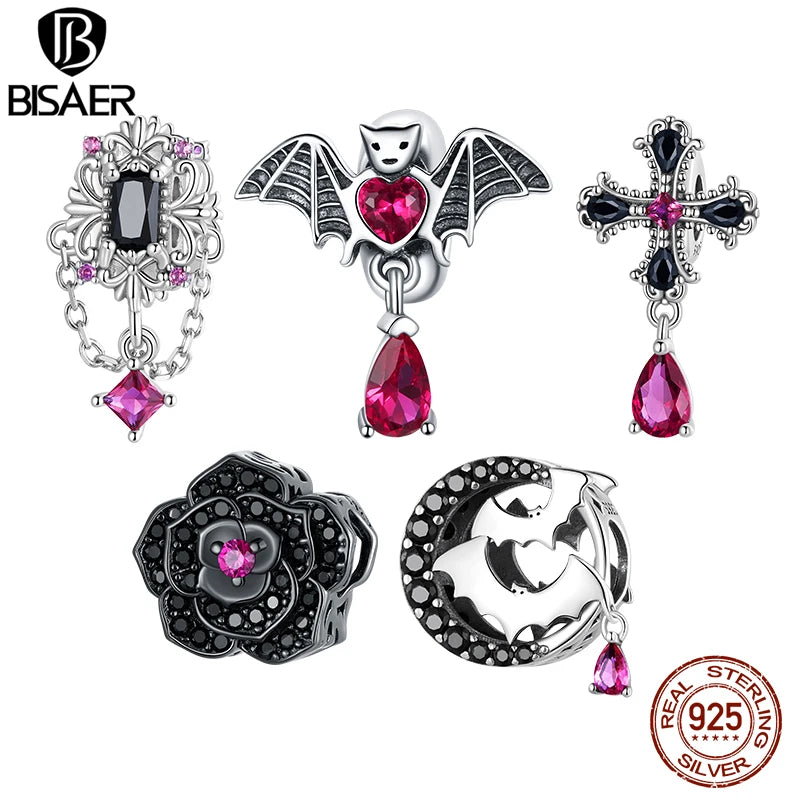 BISAER 925 Argent Sterling Vintage Noir Rose Charm Chauve-Souris Pendentifs Croix Gothique Perle Fit Halloween Fête DIY Bracelet Bijoux Fins