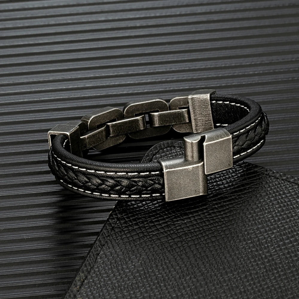 MKENDN Stainless Steel Bracelet for Men Vintage Dark Metal Wide Chain Link Unbroken Collection Mens Leather Jewelry  Gifts