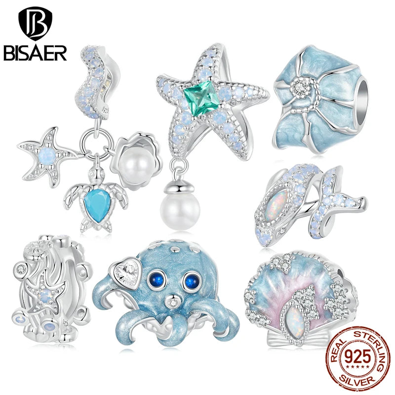 BISAER 925 Sterling Silver Ocean Dreamy Seashell Charm Bead Blue Whale Starfish Pendant Fit Women DIY Bracelet Fine Jewelry Gift