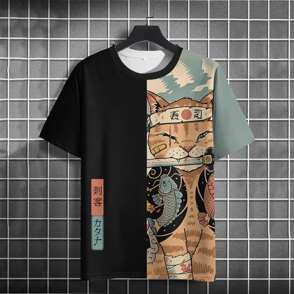 Camiseta unisex 2024 para hombre y mujer, camisetas con estampado 3D de gato samurái japonés para hombre, camiseta divertida de moda informal, camiseta superior, ropa para hombre