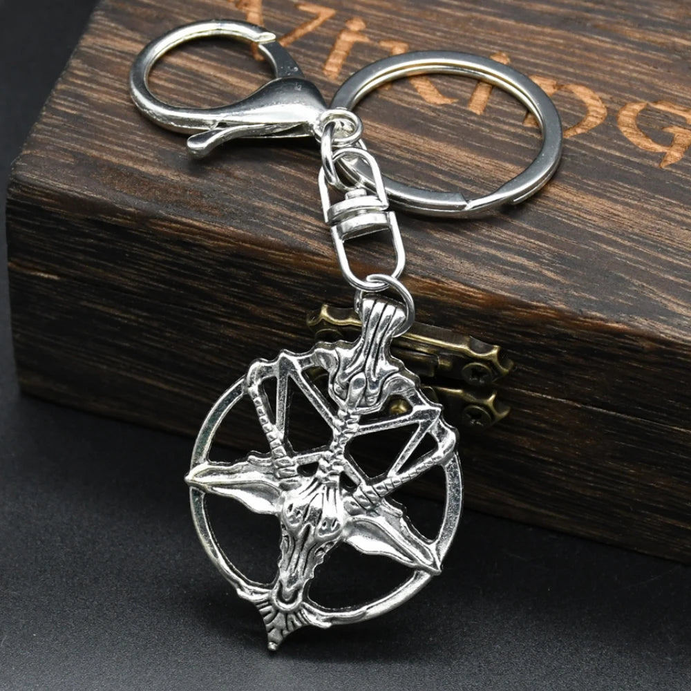 Black color Goat Head Skull Pendant Keychain Pan God Skull Key Ring Pentagram Key Chains Witch Luck Gifts