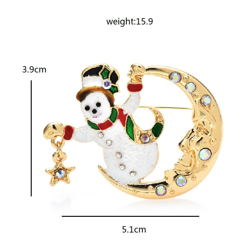 Wuli&baby Catch Star Snowman Brooches Enamel Romantic Stand Moon Snow Figure Christmas New Year Brooch Pins Gifts