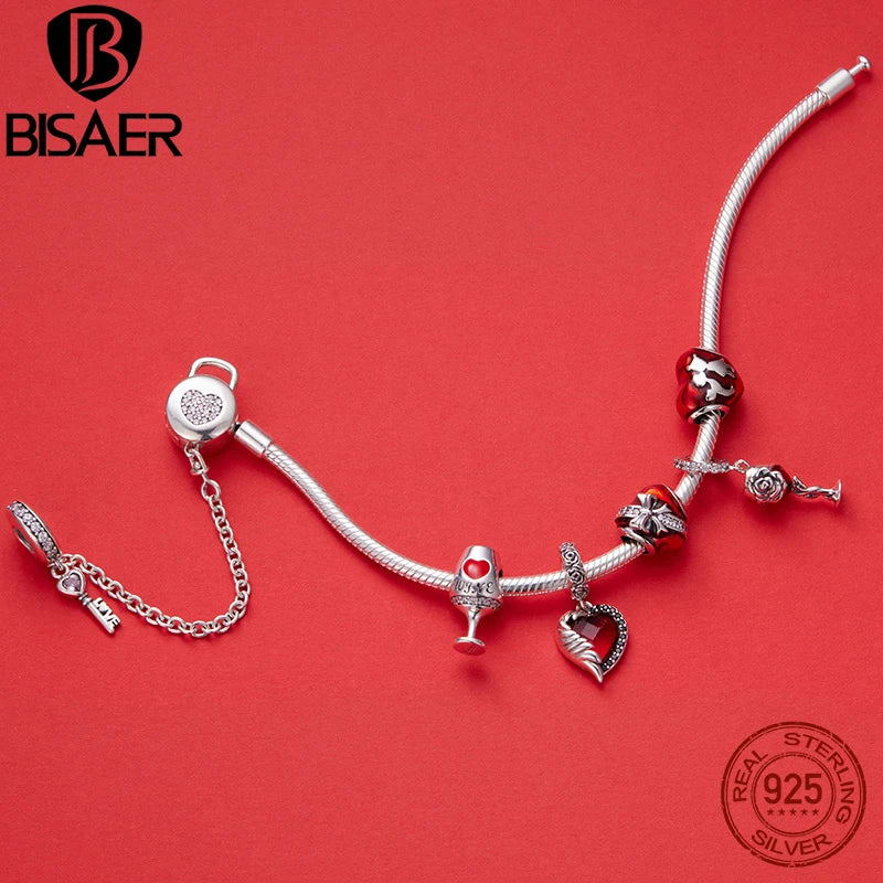 BISAER 925 Sterling Silver Red Color Charm Beads Heart Pendant For  Bracelet Necklace DIY Jewelry Valentine's Day Birthday Gift