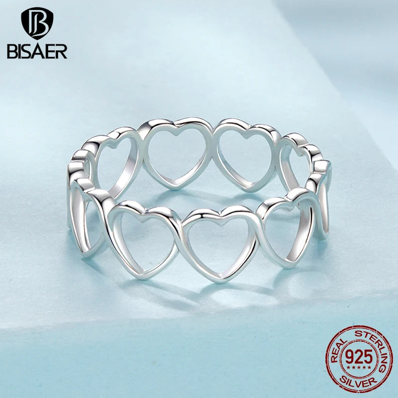 BISAER 925 Sterling Silver Hollowed Heart Ring Minimalism Finger Band for Women Lover Wedding Party Fine Jewelry ECR1084