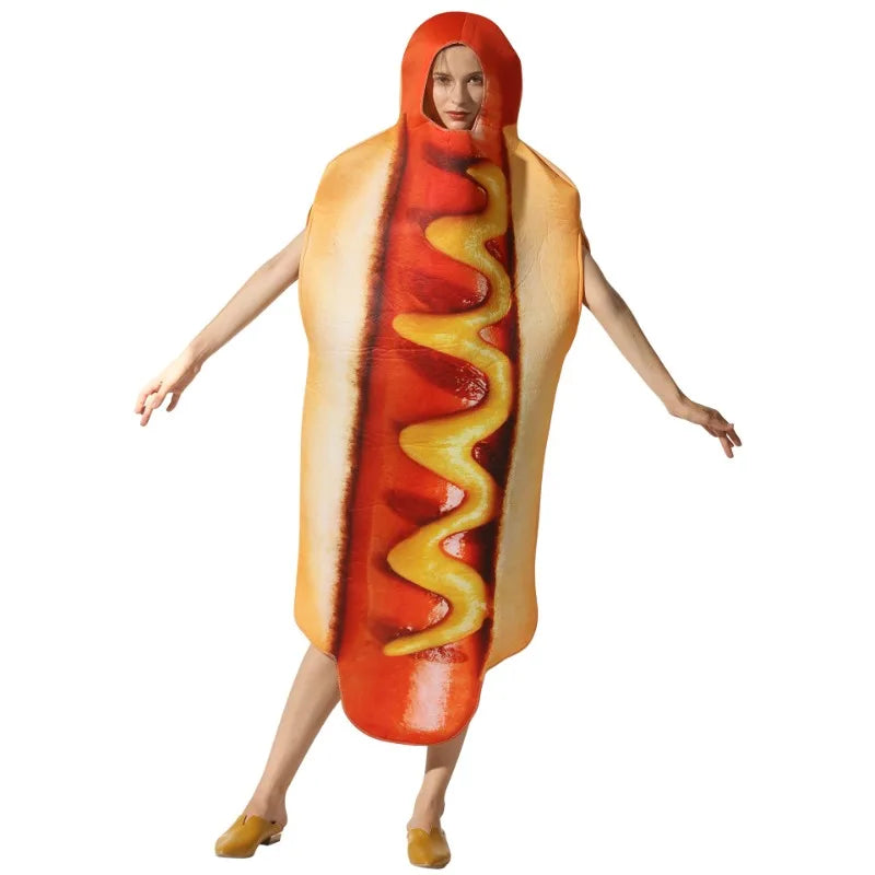 Hot Dog Kostüm für Erwachsene, Halloween-Party, lustige Essen-Overalls, Outfits für Männer und Frauen, Karneval, Purim, Kostüm