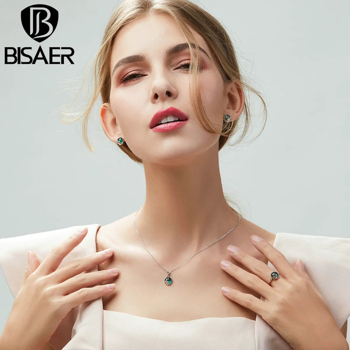 BISAER Real 925 Sterling Silver Green Mermaid Jewelry Set Necklace Earrings For Women Beach Party Original Fine Jewellery