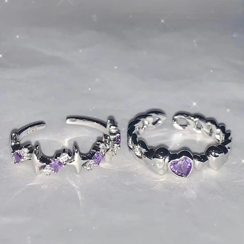 Fashion Shiny Purple Rhinestone Opening Couple Rings for Women Men Vintage Crystal Star Adjustable Ring Lover Y2K Jewelry