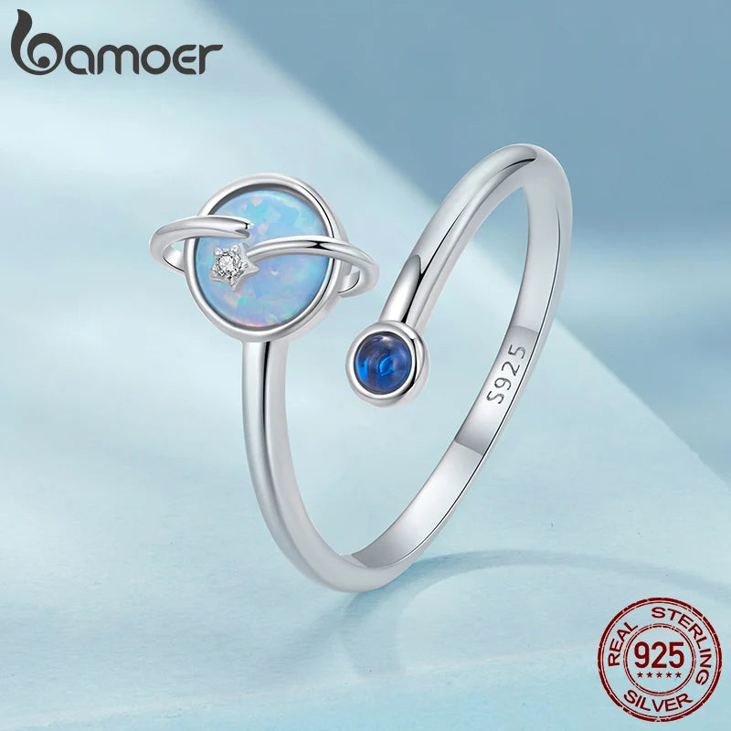 Bague ajustable BAMOER en argent sterling 925 avec planète opale, plaquée or blanc, bague de promesse de Noël, bijoux délicats et chics SCR1087-E