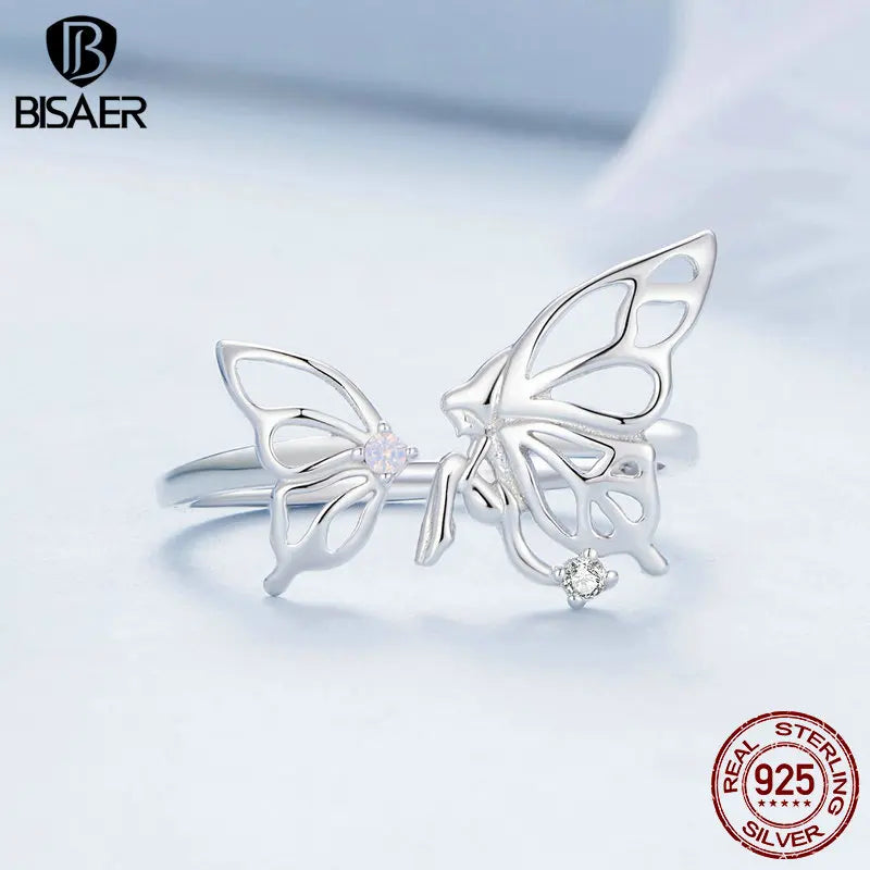 BISAER Bague ouverte en argent sterling 925 en forme de papillon - Taille réglable : 5 à 9 - Plaqué or blanc - Pour femme - Bijou de fête