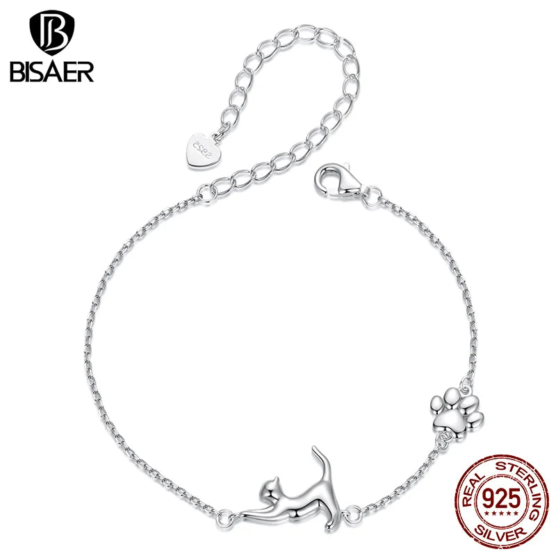 BISAER 925 Sterling Silver Cute Cat Bracelet Pet Animals Charm Adjustable Chain Plated White Gold for Women Party Fine Jewelry