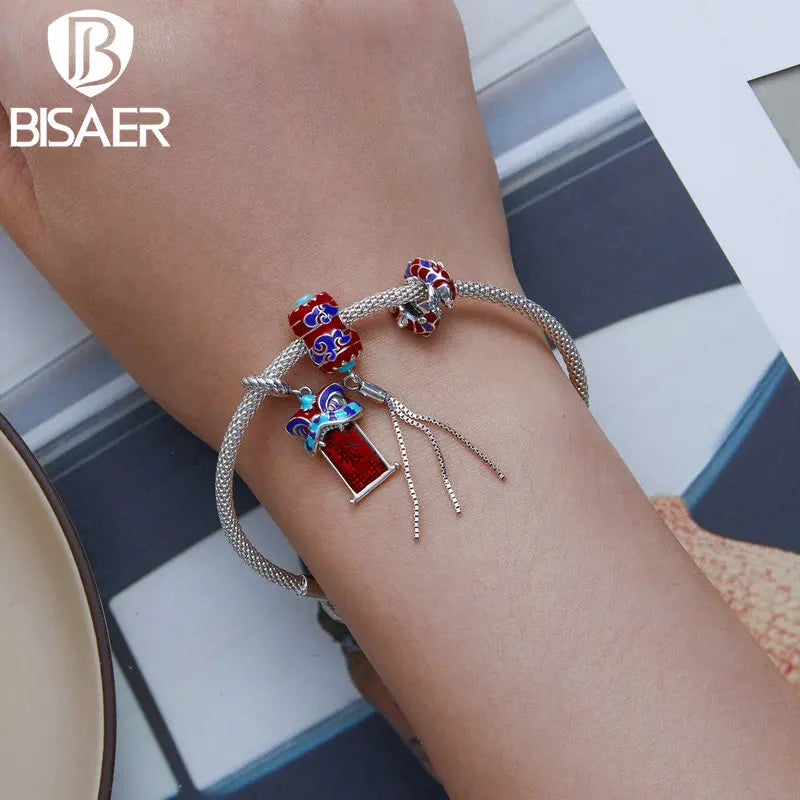 BISAER 100% 925 Sterling Silver Chinese New Year Red DIY Charms Beads Lantern Pendant Fit Women DIY Bracelet Fine Jewelry