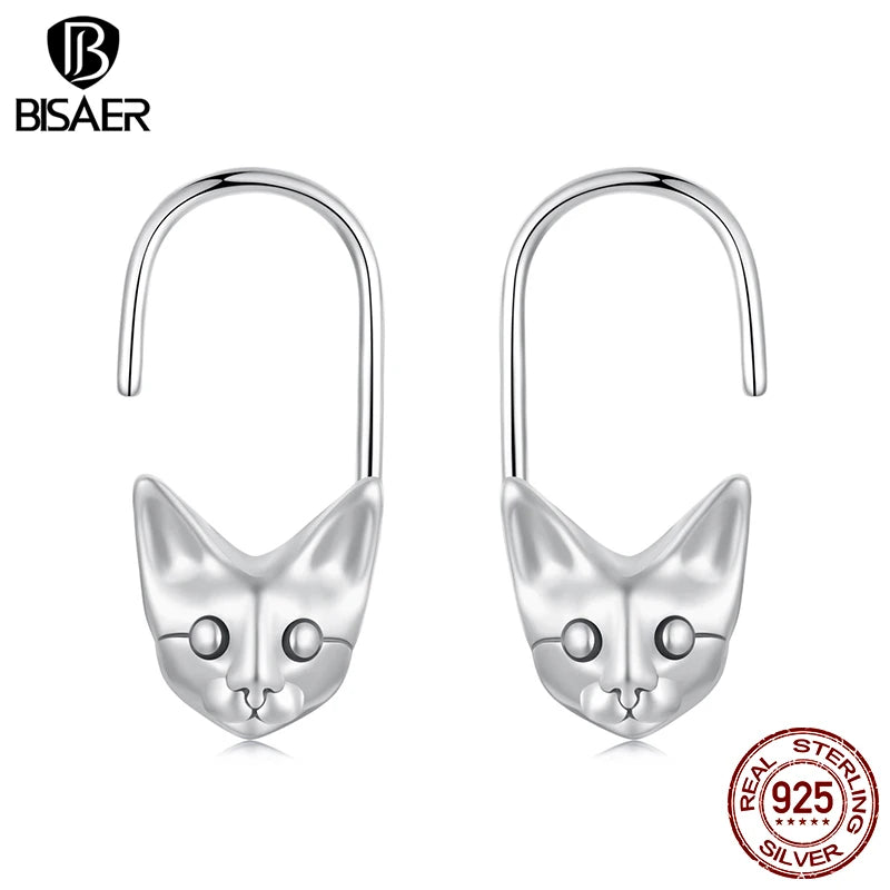 BISAER 100% 925 Sterling Silver Cat Stud Earrings Cute Pets Clasp Earrings For Women Party Fine Original Jewelry ECE1836