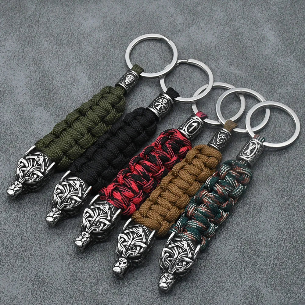 Handmade Vintage Vikings Wolf Head Survival Keychain Men Charm Rune Vegvisir Celt Wolf Keyring Stainless Steel Paracord  Jewelry