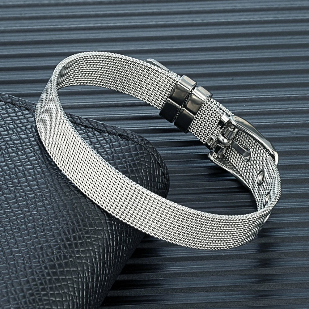 MKENDN Simple Style 10mm Mens Stainless Steel Mesh Milanese Belt Watch Band Charm Bracelet Adjustable Buckle Clasp