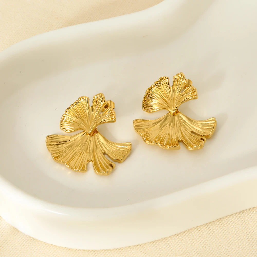 New Trend 18k Gold Plated Stainless Steel Ginkgo Leaf Drop Earrings for Women Texture Chunky Statement Dangle Studs Jewelry