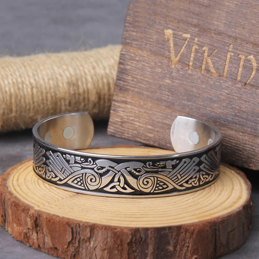 Bracelet en acier inoxydable pour homme, fait à la main, motif corbeau nordique, viking, ne se décolore jamais, avec boîte en bois en cadeau