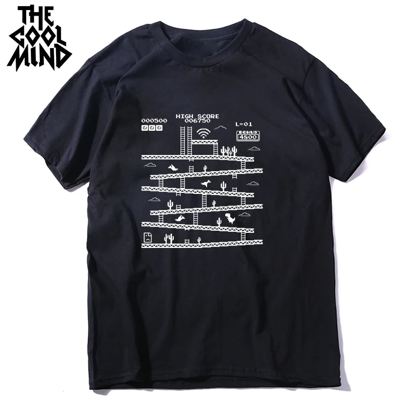 THE COOLMIND 100% algodón Cool Dino Game Print hombres camiseta casual verano suelta hombres camiseta cuello redondo hombres camiseta tops camisetas