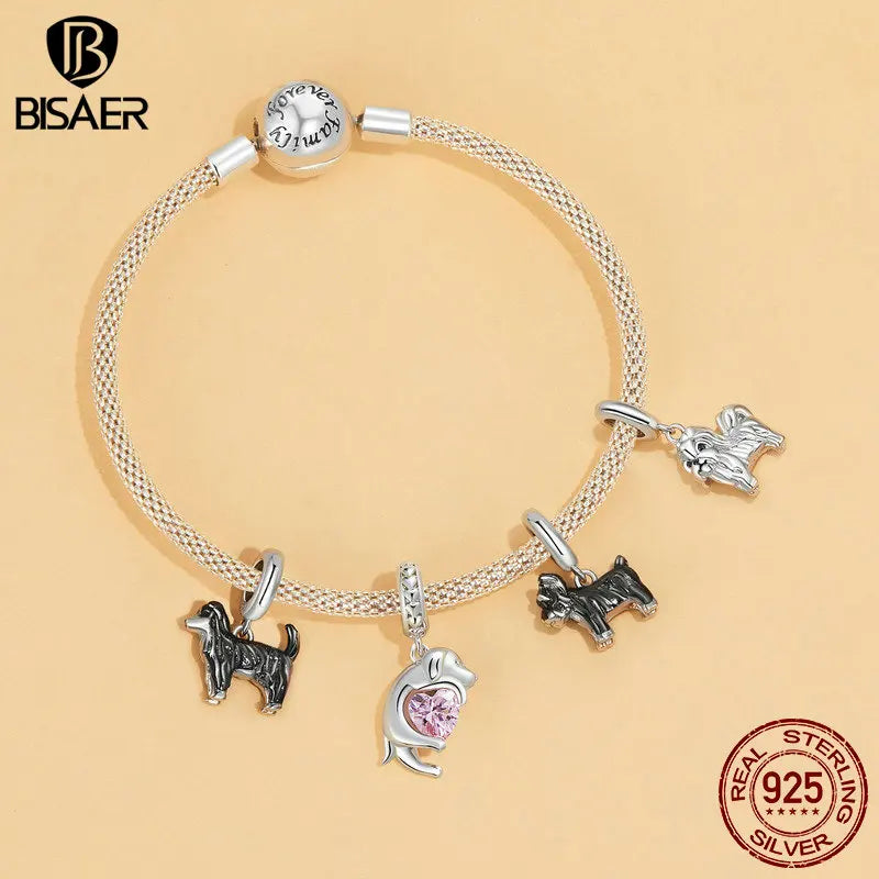 BISAER 925 Sterling Silver Cute Dachshund Charm Bead Schnauzer Corgi Shitzu Pendant Fit Women DIY Bracelet&Necklace Fine Jewelry