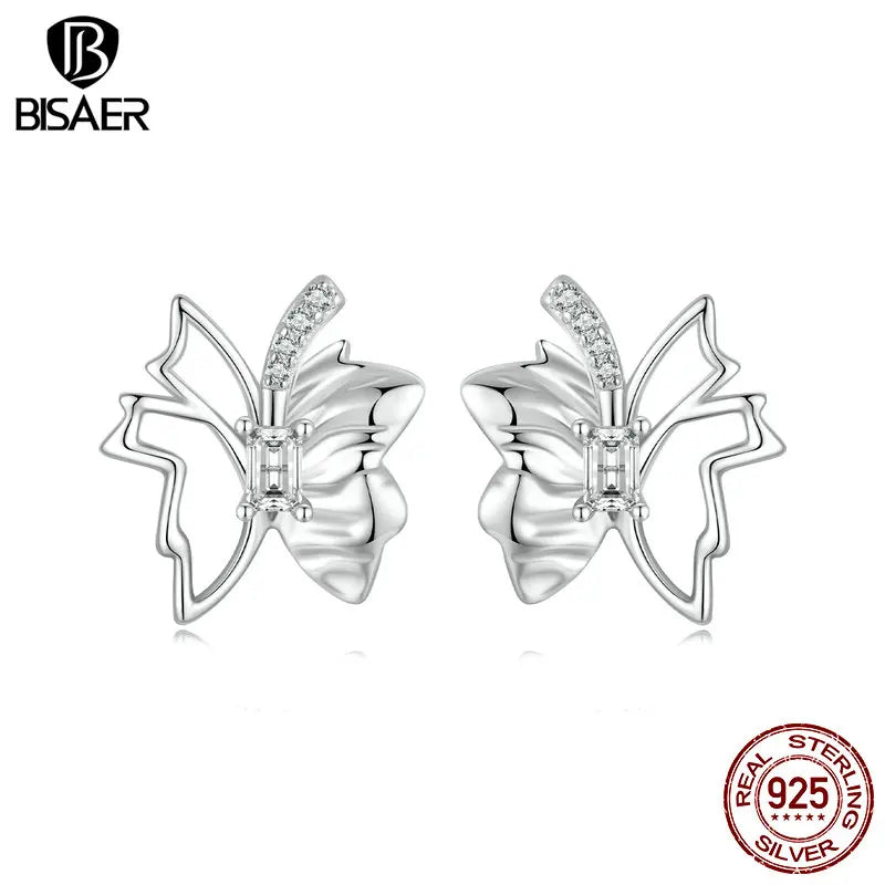 BISAER 925 Sterling Silver Autumn Leaf Butterfly Stud Earrings Simple Ear Clip Plated White Gold For Women Party Fine Jewelry