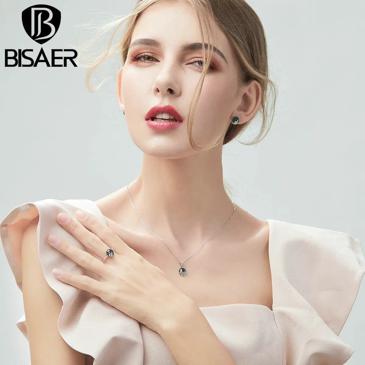 BISAER Real 925 Sterling Silver Green Mermaid Jewelry Set Necklace Earrings For Women Beach Party Original Fine Jewellery