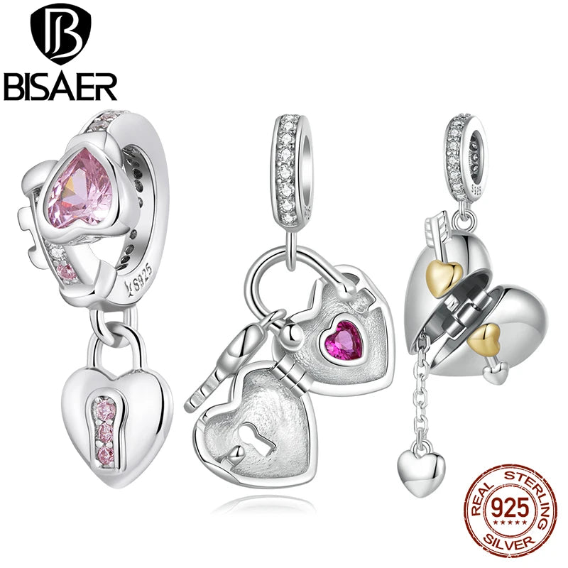 BISAER 925 Sterling Open Heart Lock Charm Bead Plated Platinum Pendant Fit DIY Bracelet Jewelry Valentine's Day Birthday Gift