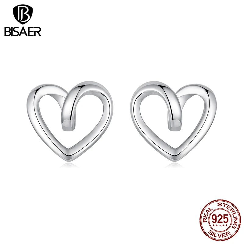 BISAER Real 925 Sterling Silver Minimalist Heart Stud Earrings Twsisted Hearts Stud Ear For Women Party Original Fine Jewelry