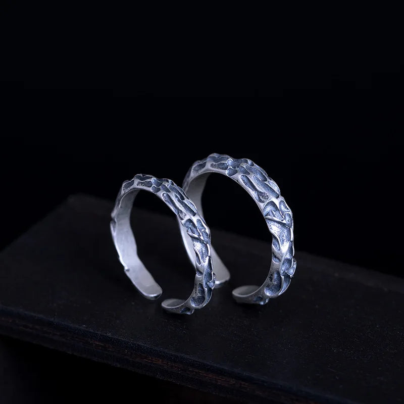 MKENDN Vintage Stone Texture Couple Rings Women 925 Sterling Silver Black Ring For Cool Men Punk Jewelry Gifts