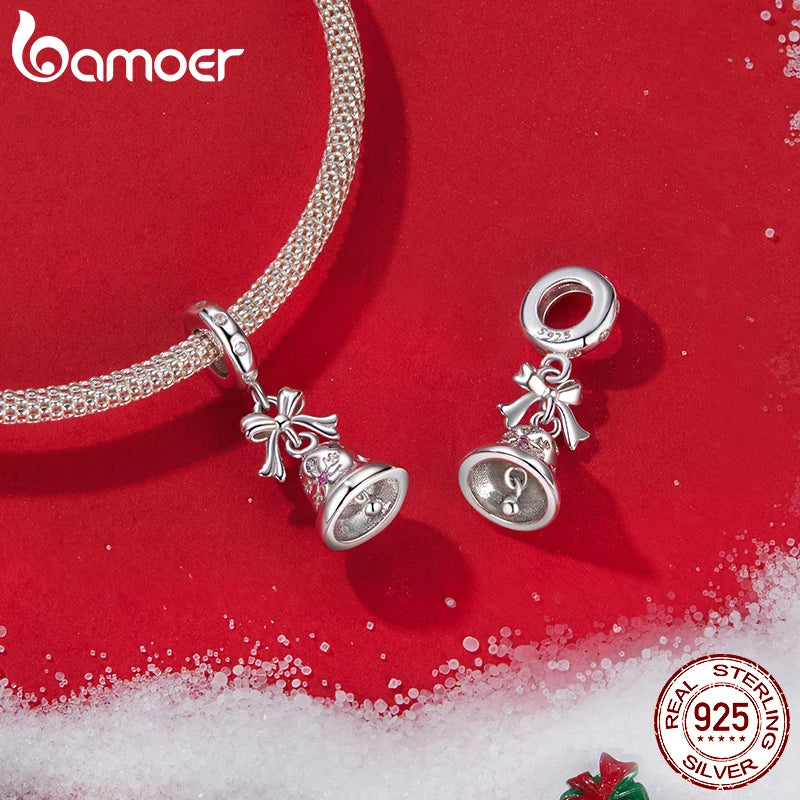 BAMOER Charm en argent sterling 925 massif en forme de cloche de Noël pour bracelet original, breloque Bamoer pour la fabrication de bijoux, cadeau de Noël