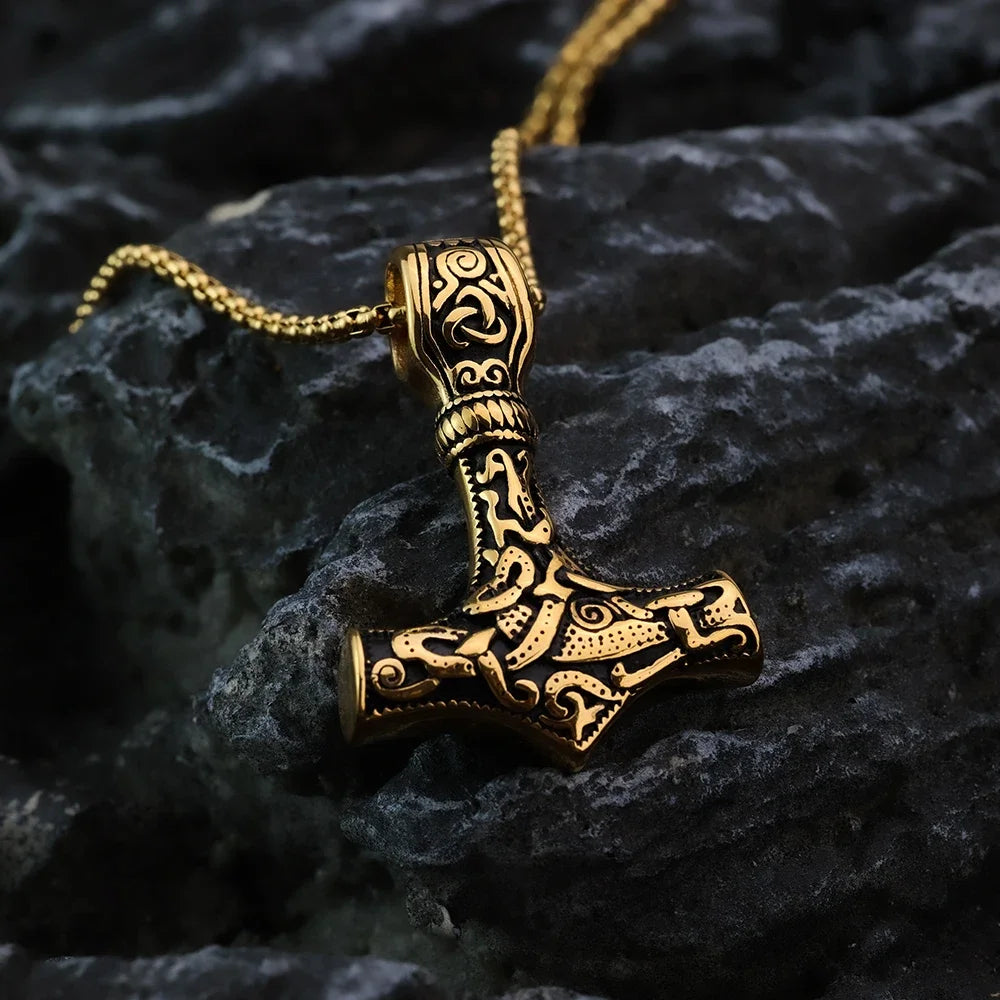 European and American style Golden Thor Hammer Fashion Viking Pirate Titanium Steel Men's Pendant Necklace Jewelry