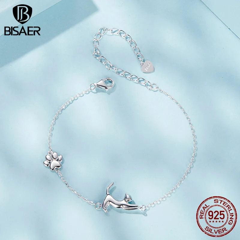 BISAER 925 Sterling Silver Cute Cat Bracelet Pet Animals Charm Adjustable Chain Plated White Gold for Women Party Fine Jewelry