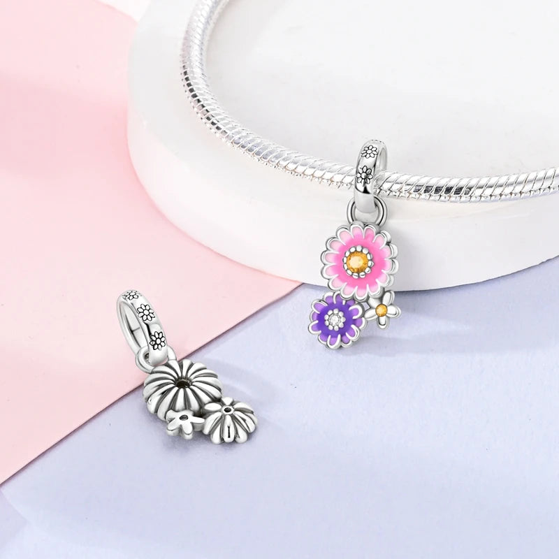 Brilliant Sunflower Bee Flower Charm Beads 925 Silver Dangle Pink Cat Paw Print Safety Chain Fit Original Bracelet DIY Jewelry