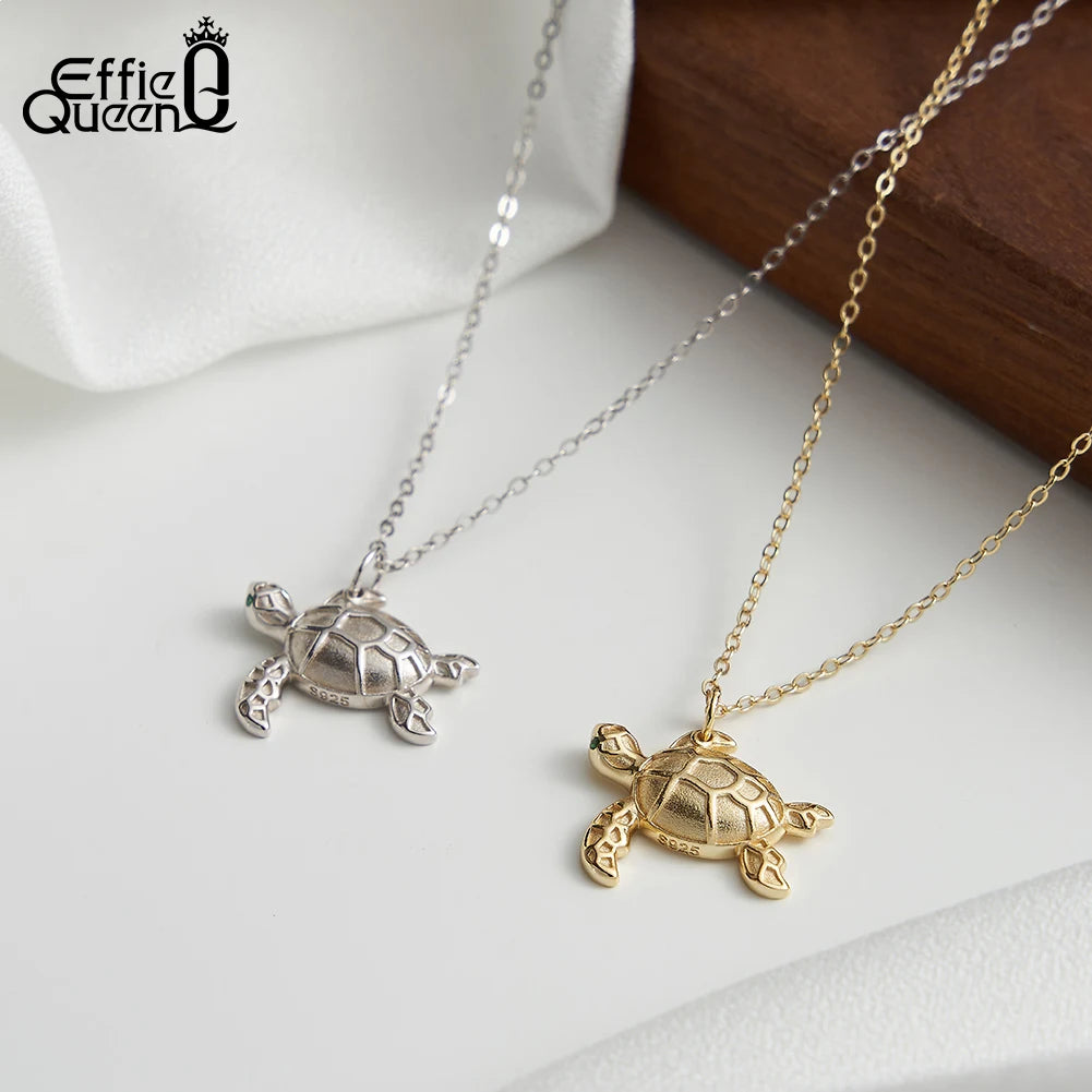 EFFIE QUEEN 925 Sterling Silver Funny Sea Turtle Pendant Necklace Zirconia Creative Gift for Women Jewelry Animal Necklace SN352