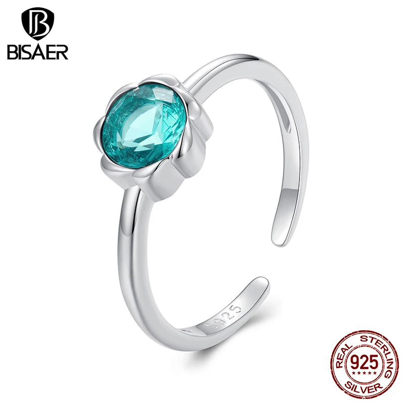 BISAER 925 Sterling Silver Flower Open Ring Green Glass Flowers Band Plated White Gold for OL Women Party Fine Jewelry Gift