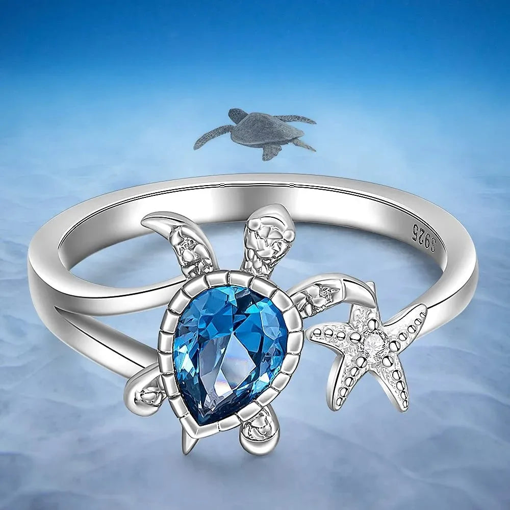 New Sea Turtle Starfish Rings for Women Blue Topaz Cute Ocean Animal Cubic Zirconia Jewelry Girl Birthday Party Gifts Wholesale