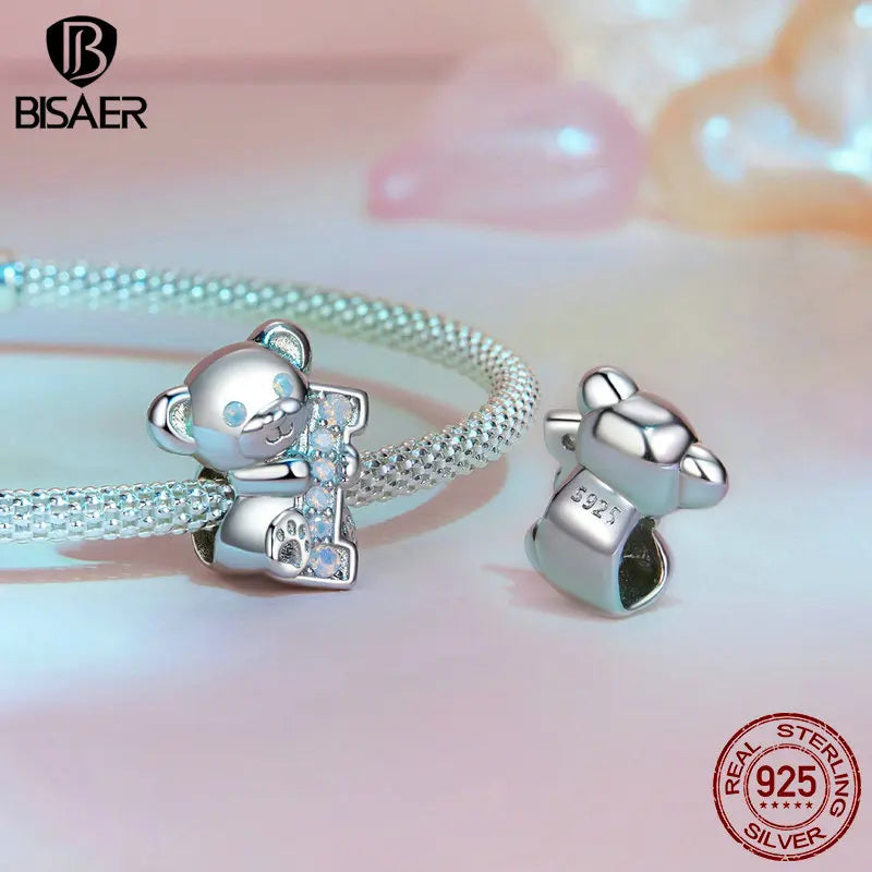 BISAER 100 % 925 Sterling Silber „I love U Bear“-Charms-Perlen Herz-Anhänger für Valentinstag DIY Armbänder Edlen Schmuck Geschenk