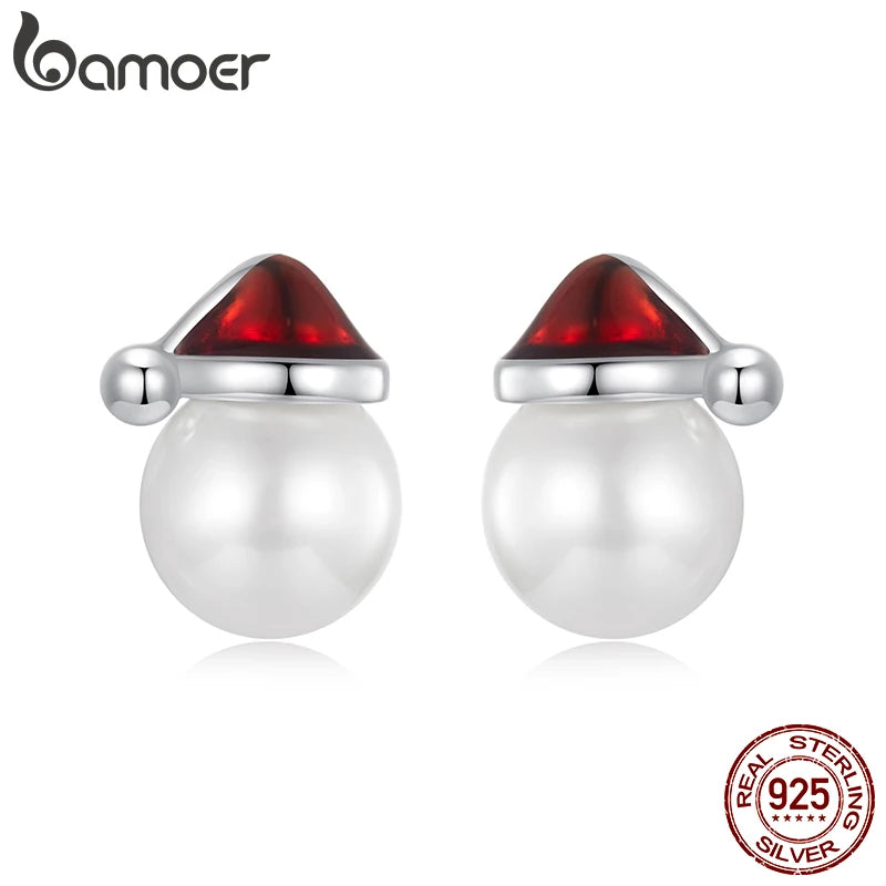 BAMOER Boucles d'oreilles à tige en argent sterling 925 avec perles et chapeau de Noël pour femmes et filles, hypoallergéniques, cadeau de Noël BSE1094