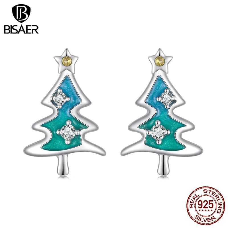 BISAER 925 Sterling Silver Christmas Tree Stud Earrings Enamel Process Hypoallergenic Earrings for Women Party Fine Jewelry Gift