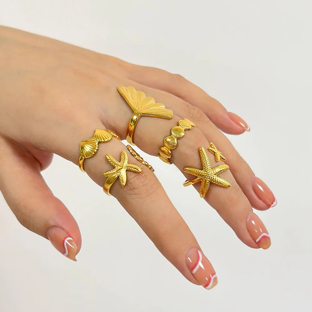 Ocean Starfish Shell Open Rings For Women Men Gold Color Stainless Steel Ring Wedding Couple Engaement Jewelry Summer Beach Gift