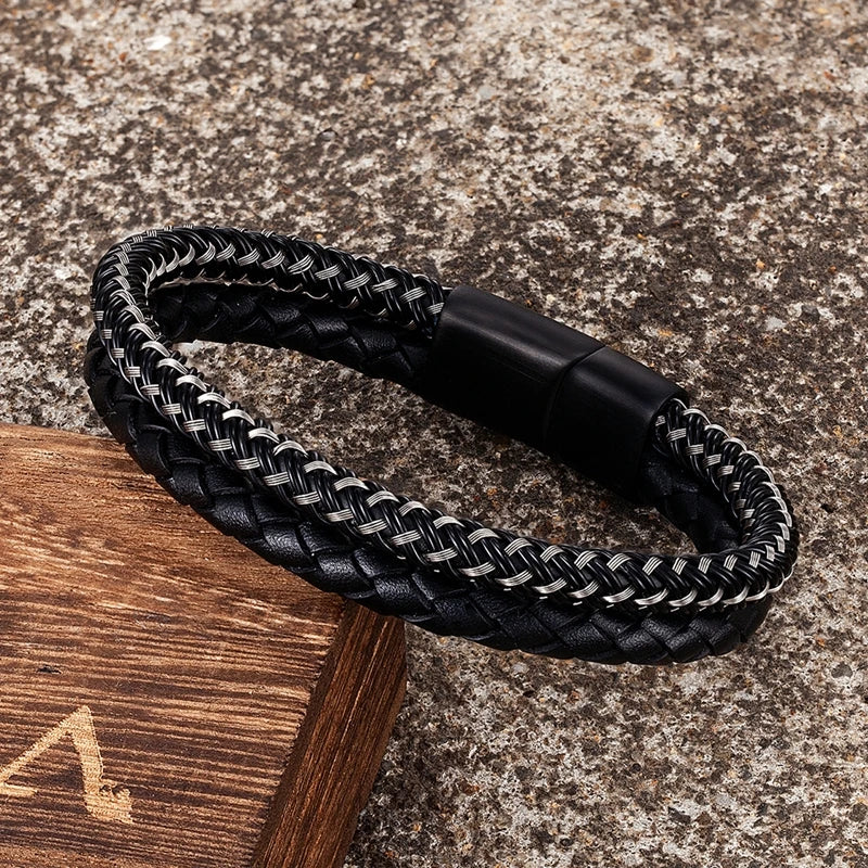 MKENDN Men's Classic Style Leather With Stainless Steel Stitching Combination Bracelet Black Buckle Wristband Accessories Gifts