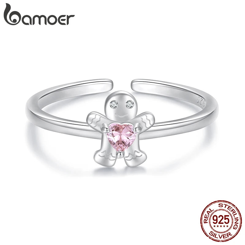 Bague ajustable en argent sterling 925 massif BAMOER en forme de bonhomme en pain d'épices, joli bijou de Noël, cadeau d'anniversaire pour femme SCR1079-E