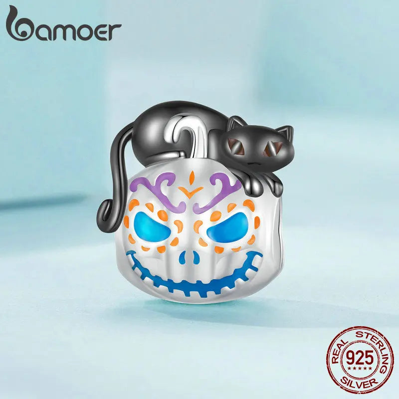 Bamoer 925 Sterling Silver Halloween Pumpkin Beads Black Cat Charms for Women Bracelet and Bangle Making Fine Jewelry