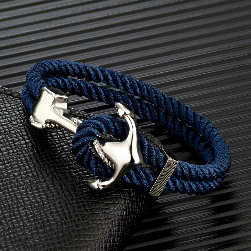 MKENDN Navy Style Anchor Bracelets Men Women Double Strand Mulitcolor Nautical Surfer Rope Bracelet Stainless Steel Boat Hook