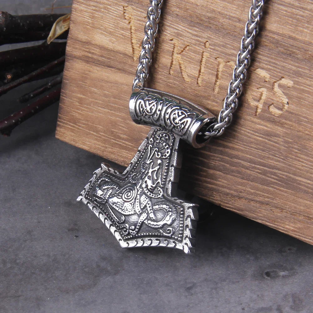 Fashion Valknut Viking Thor's Hammer Pendant Necklace With keel Chain As Men Gift with wooden box