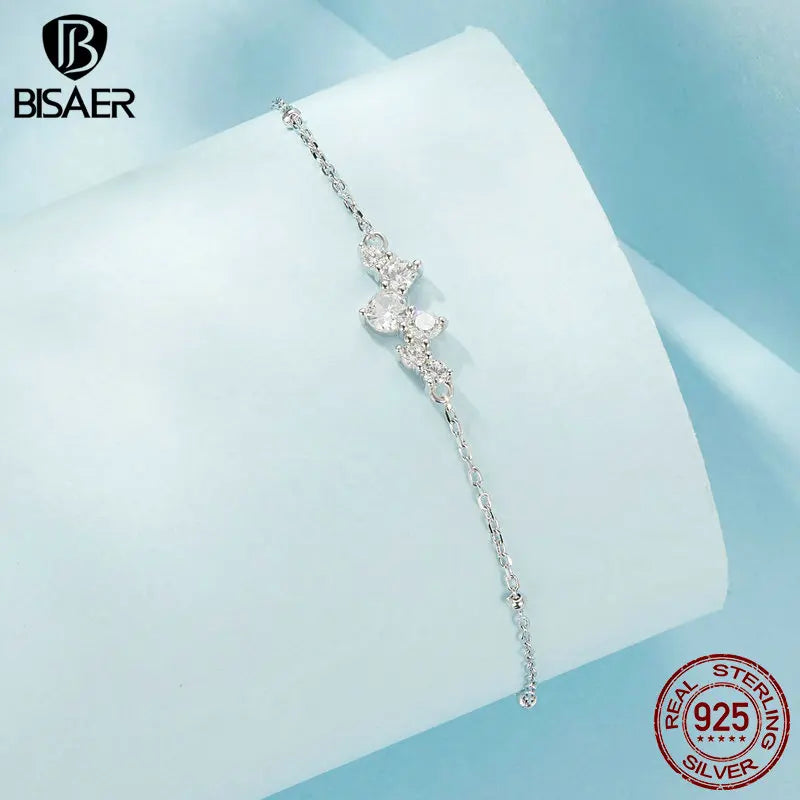 BISAER 925 Sterling Silver Starry Bracelet Sparkling Zircon Adjustable Chain Plated White Gold for Women Party Fine Jewelry Gift