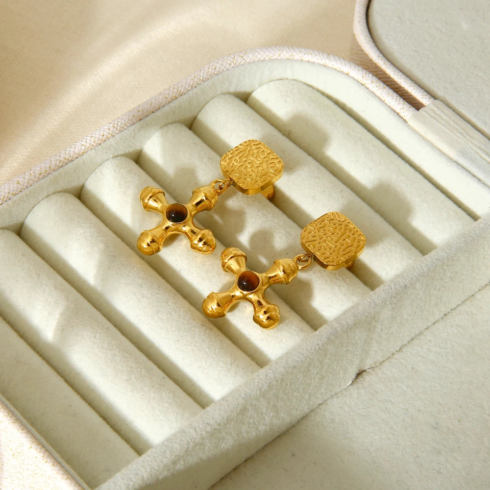 INS Trend 18k Gold Plated Natural Stone Cross Dangle Stud Earrings Waterproof Texture Drop Earring Women Jewelry Gift