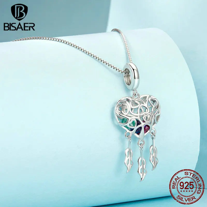 BISAER 925 Sterling Silver Tree of Life Dreamcatcher Pendant Necklace Heart Box Chain Plated White Gold for Woman Fine Jewelry