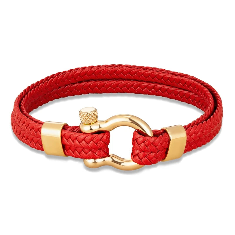 Men Multilayer Woven Leather Bracelet Fashion Stainless Steel Horseshoe Shackle Buckle with Screw Bracelet Jewelry for Women