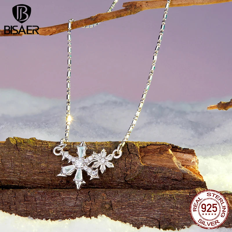 BISAER 925 Sterling Silver Ice Flower Pendant Necklace Sparkling CZ Adjustable Chain Plated White Gold for Woman Fine Jewelry