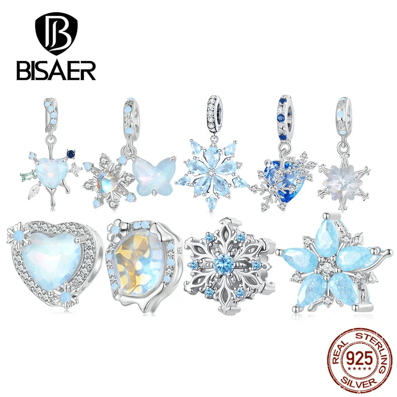 BISAER 925 Sterling Silver Kingdom Snowflake Charm Bead Ice Flower Pendant Plated Platinum Fit Women DIY Bracelet Fine Jewelry