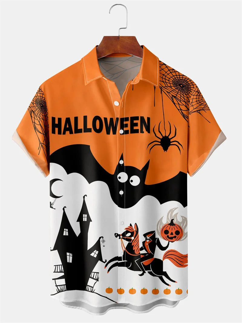 Men's Fashion Halloween Shirt Summer Cute Style Men's Clothing Party Holiday Men Top Pumpkin Head Print Boys' Short Sleeve Shirt